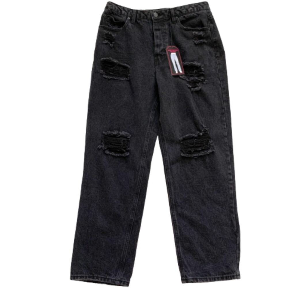 Black Mom Jeans Super High Rise Straight Distressed Button Fly Jeans Size 13 NEW